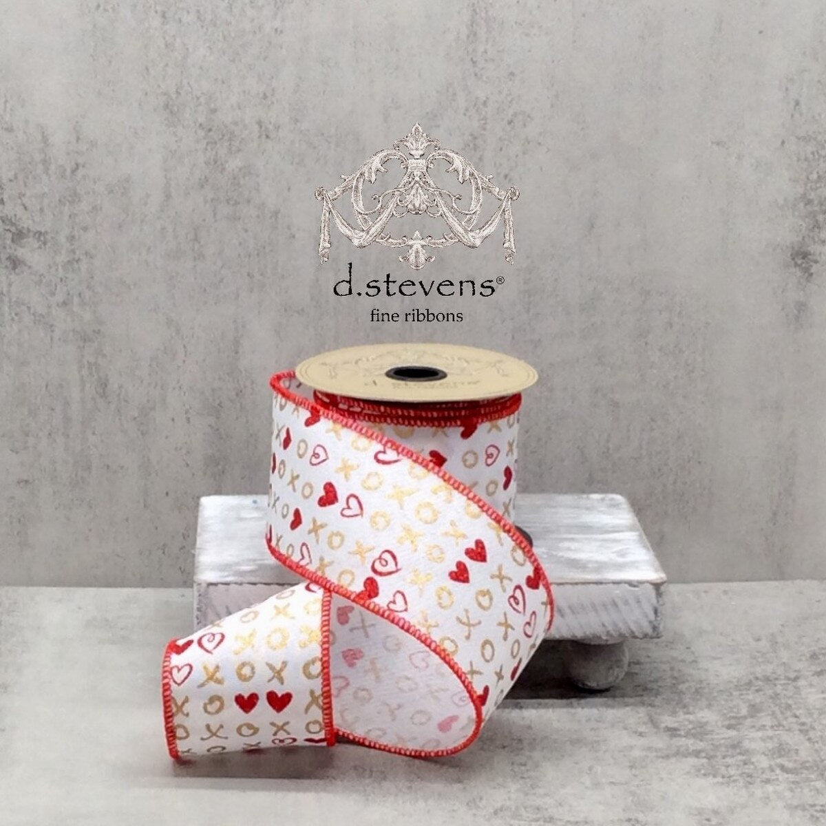 Linen Gold Red Heart White Ribbon 2.5" x 10 Yds