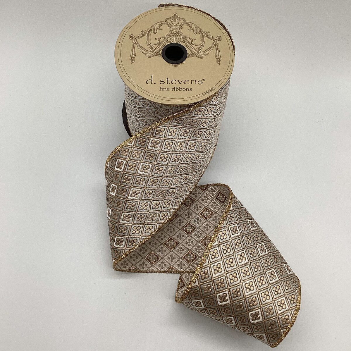 Light Grey Gold Jacquard Diamond Floral Ribbon 4" x 10 Yds