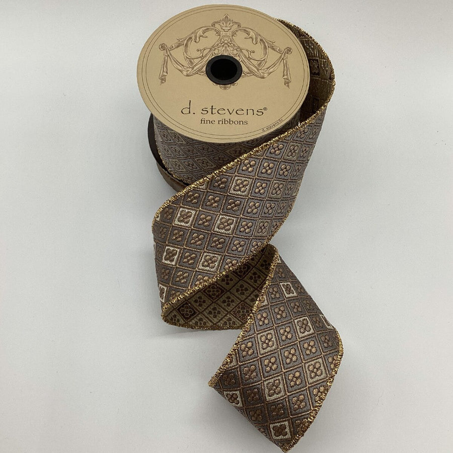 Jacquard Floral Ribbon Dark Grey and Gold 2.5" x 10 Yds