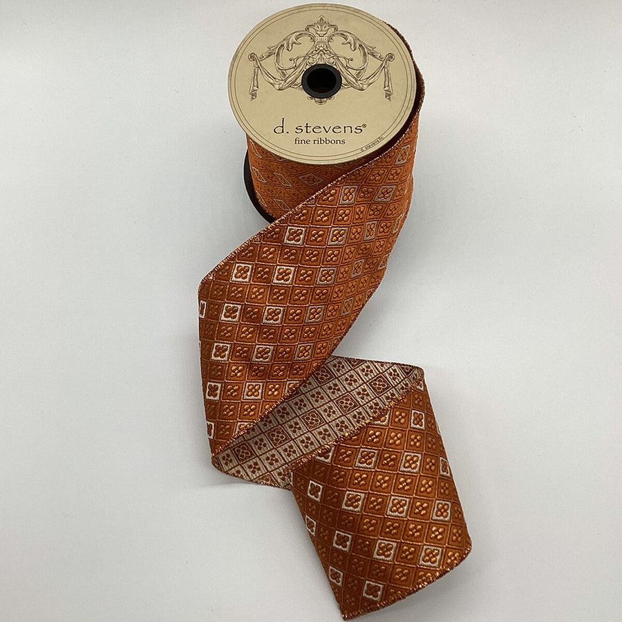 Jacquard Floral Ribbon Orange Copper 4 Inch x 10 Yards