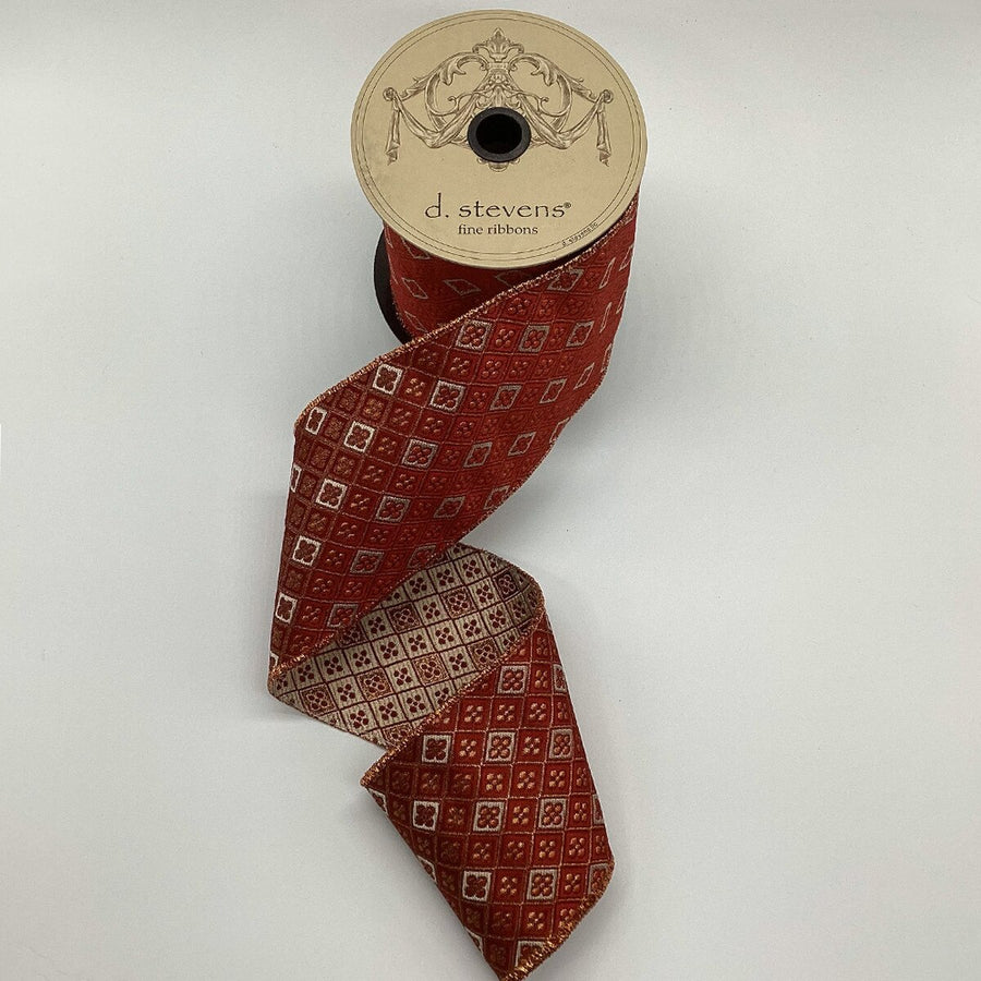 Copper Red Jacquard Diamond Floral Ribbon 4 In X 10 Yds - (2) Rolls