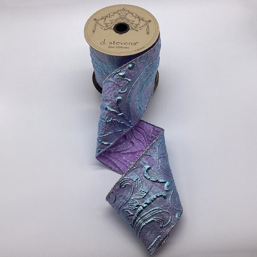 Blue Orchid Floral Embossed Metallic Lame Ribbon 4" x 10 Yds