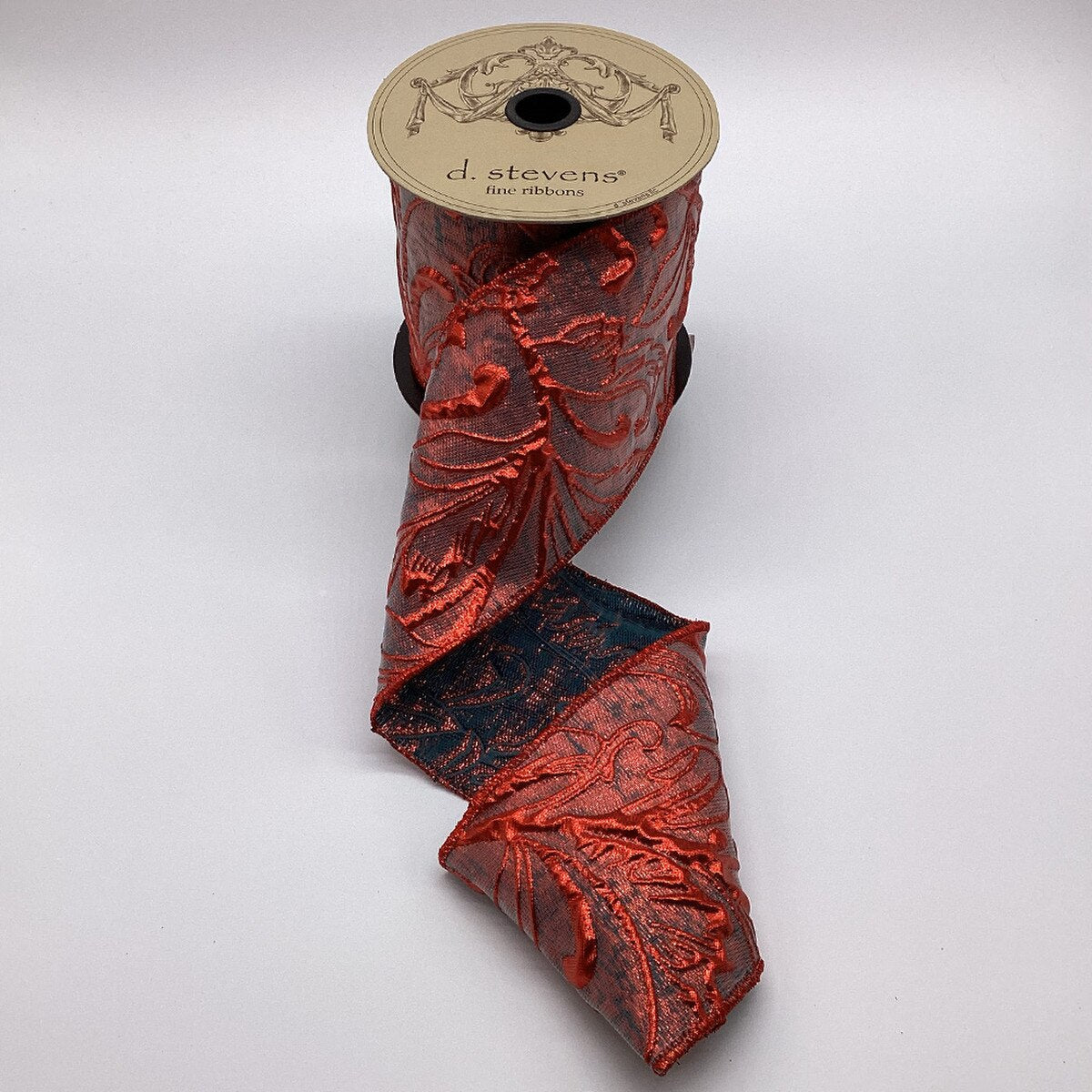 Floral Embossed Red Teal Metallic Lame Ribbon 4" x 10 Yds