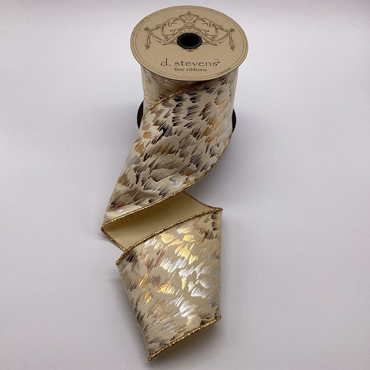Faux Suede Ivory Ribbon with Metallic Feathers 4" x 10 Yds