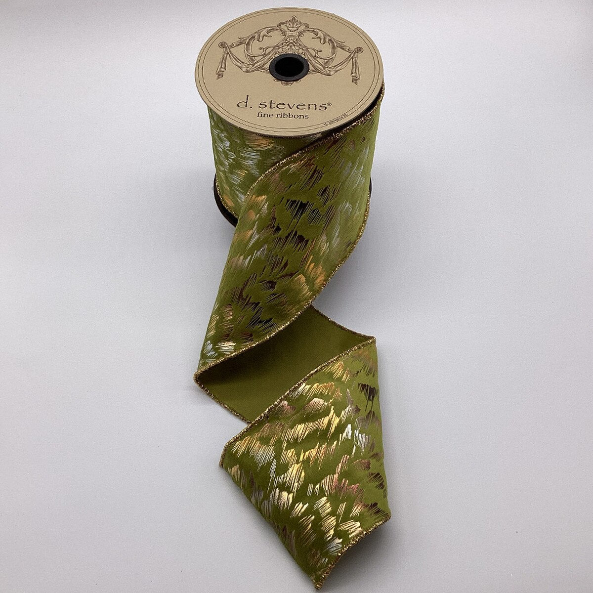 Olive Faux Suede Metallic Feathers Ribbon 4" x 10 Yds