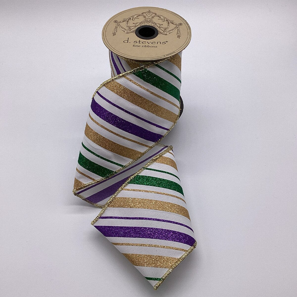 Diagonal Stripes Ribbon White Purple Green Gold 4" x 10 Yds