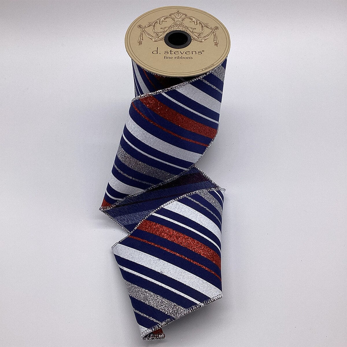 Red White Navy Diagonal Glitter Stripes Ribbon 4" x 10 Yds