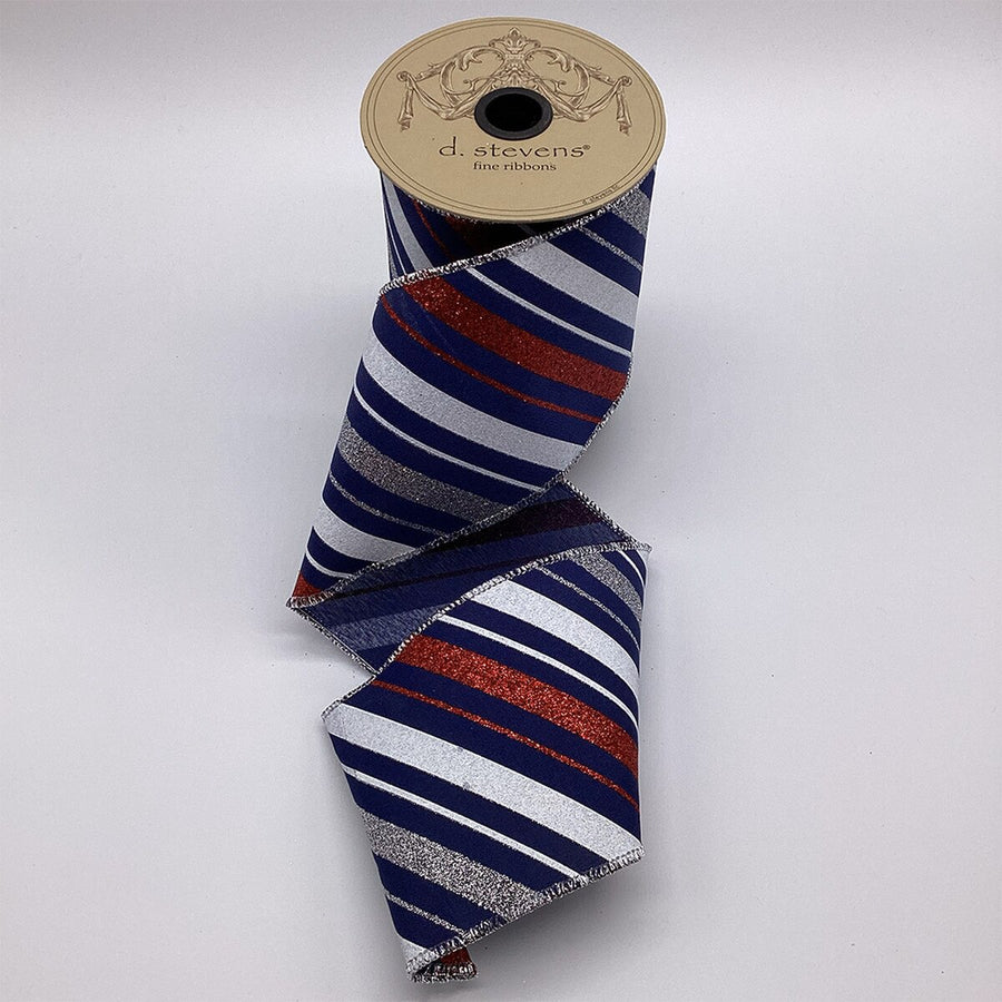 Red White Navy Diagonal Glitter Stripes Ribbon 4" x 10 Yds