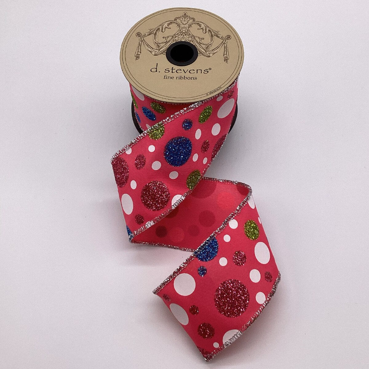 Hot Pink Poplin Ribbon with Multi Color Glitter Dots 2.5" x 10 Yds