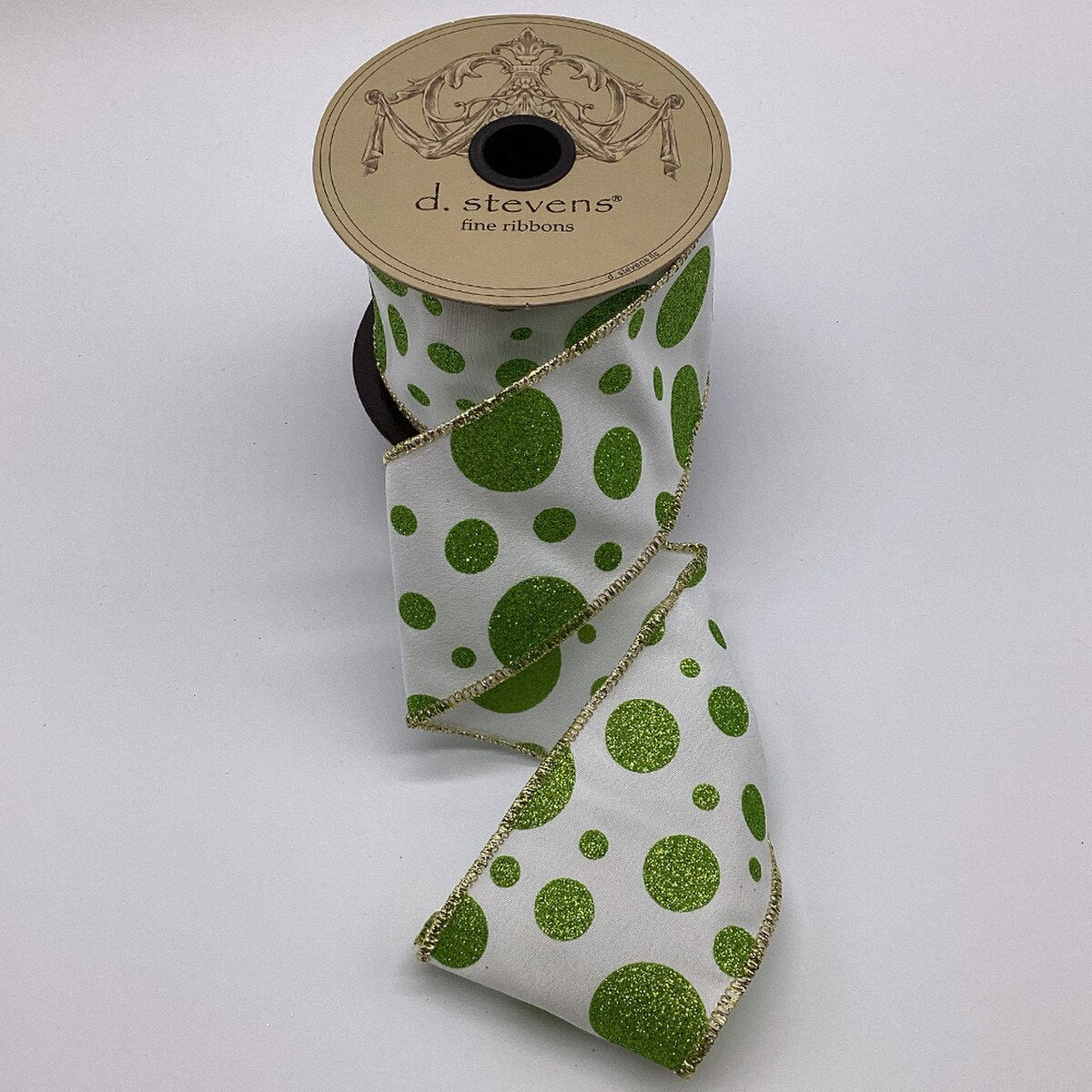 Glitter Dots White Green Poplin Ribbon 2.5" x 10 Yds