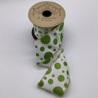 Glitter Dots White Green Poplin Ribbon 2.5