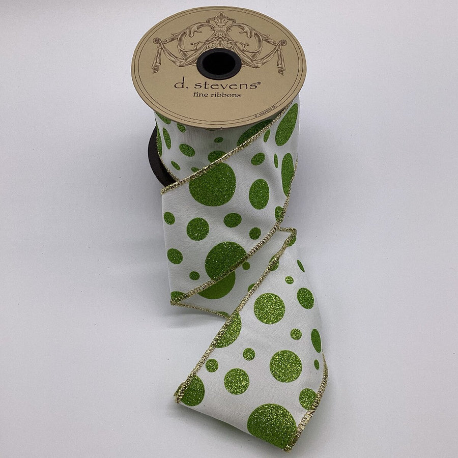 Glitter Dots White Green Poplin Ribbon 2.5" x 10 Yds