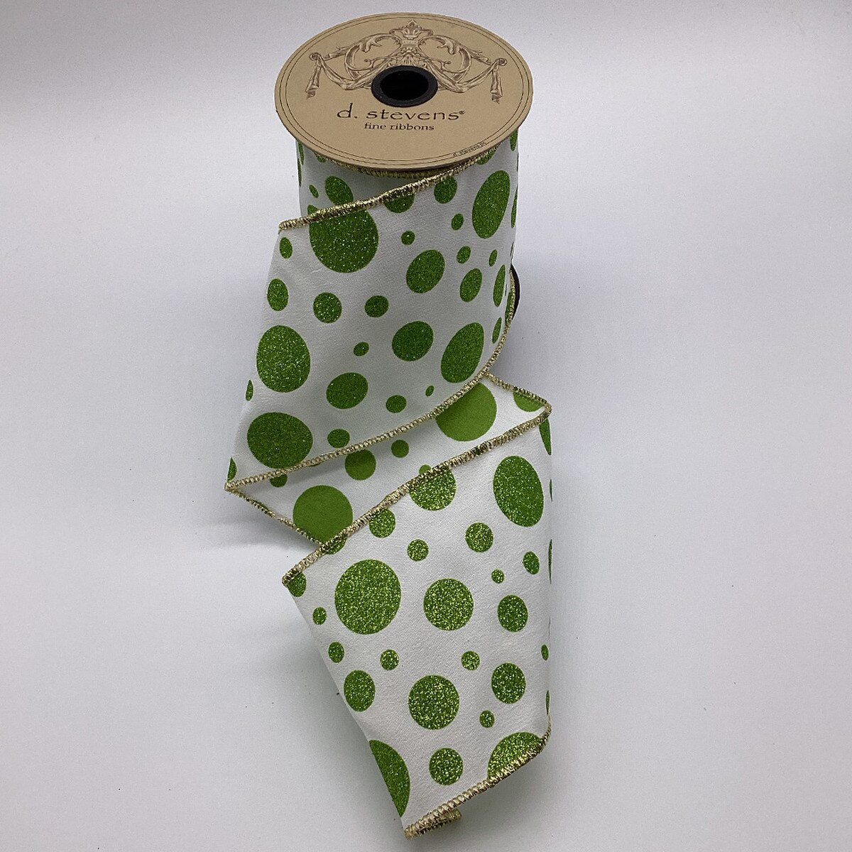 Glitter Dots White Green Faux Poplin Ribbon 4" x 10 Yds