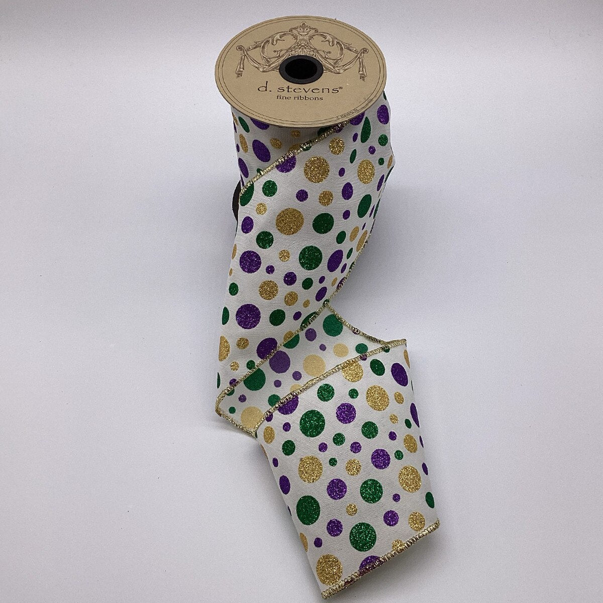 Glitter Dots Ribbon White Purple Green Gold 4" x 10 Yds