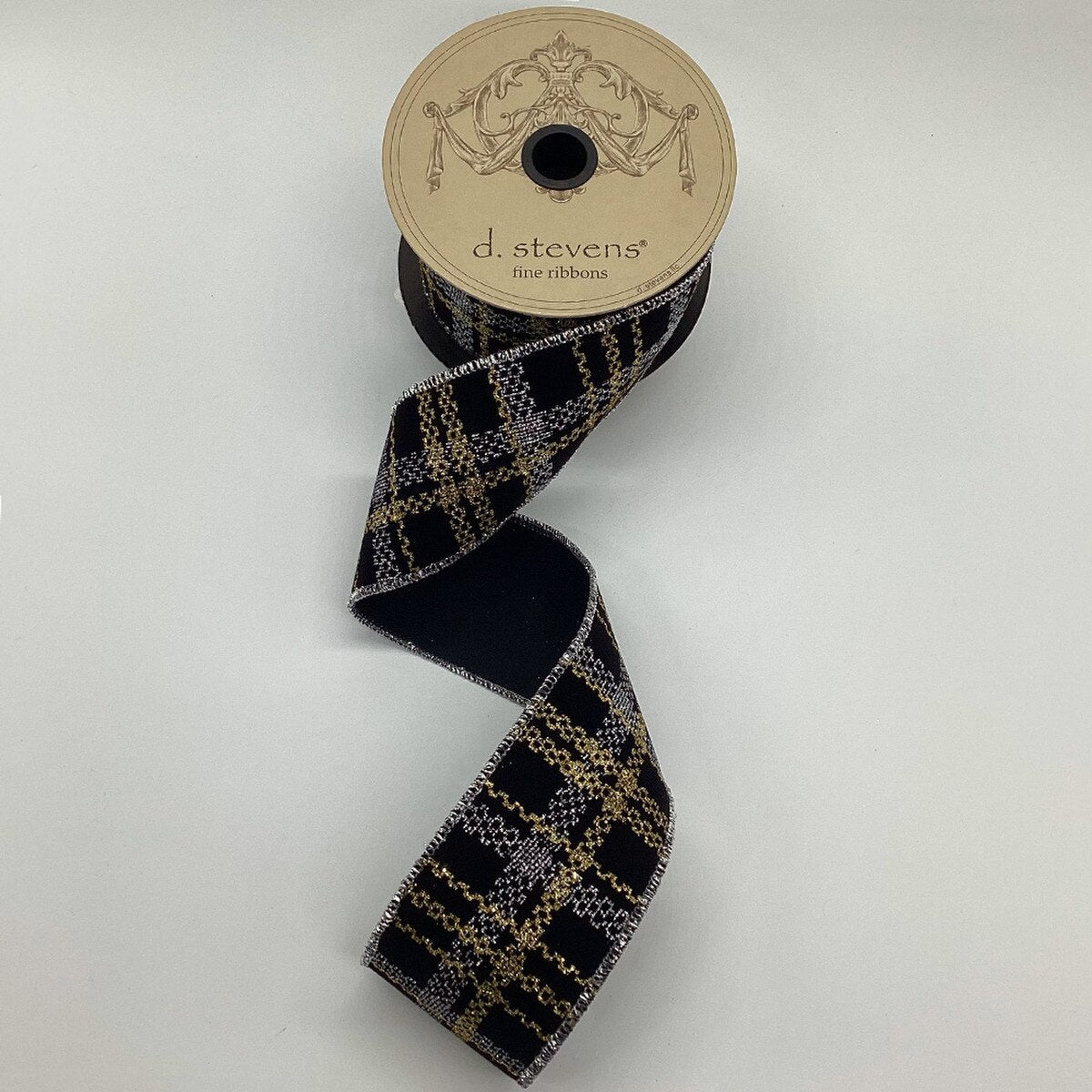 Plaid Velvet Glitter Ribbon Black Gold Silver 2.5" x 10 Yds