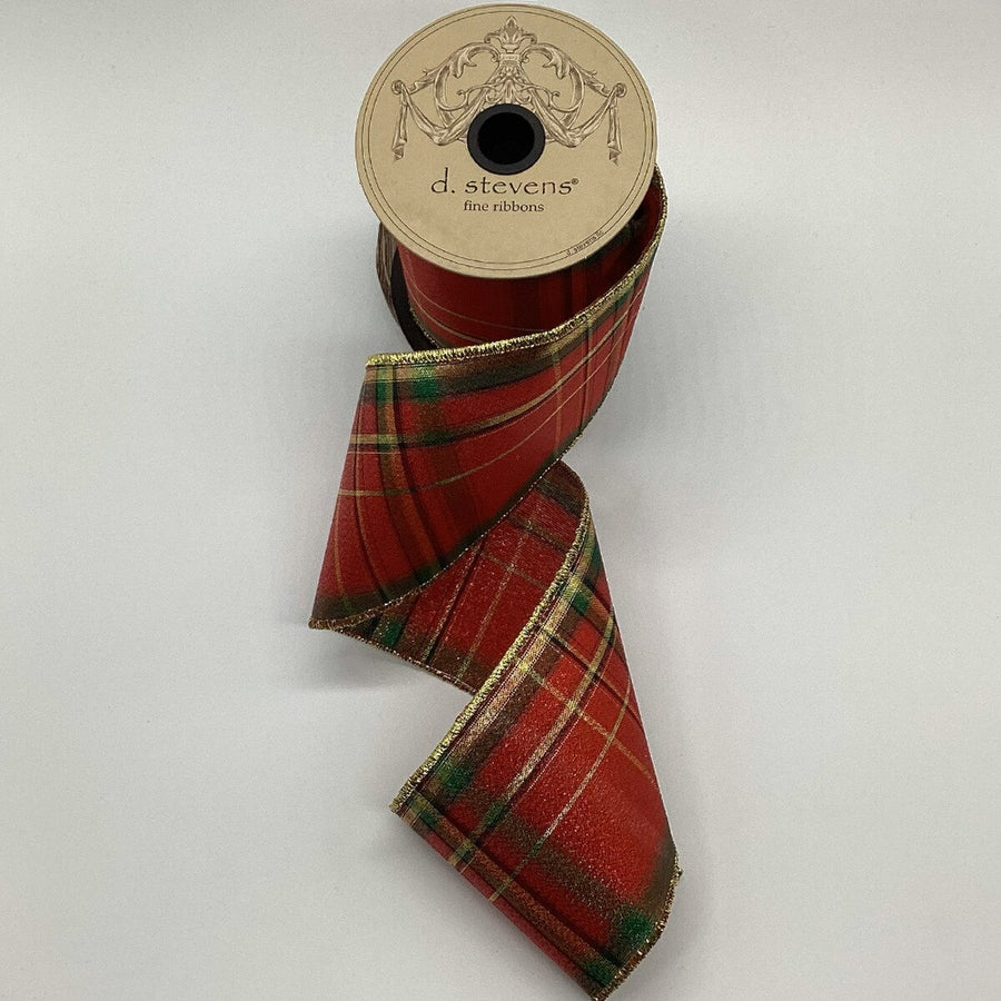 Plaid Ribbon Gold Red Green 4 Inch x 10 Yards