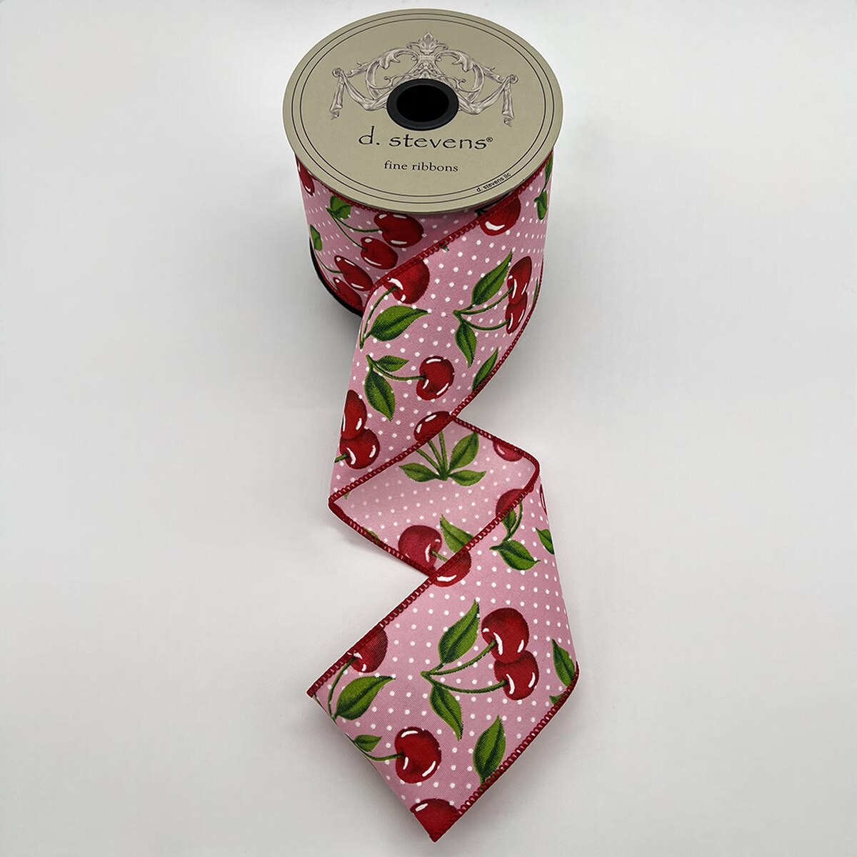 Polka Dot Pink Red Ribbon with Cherries 2.5" x 10 Yds