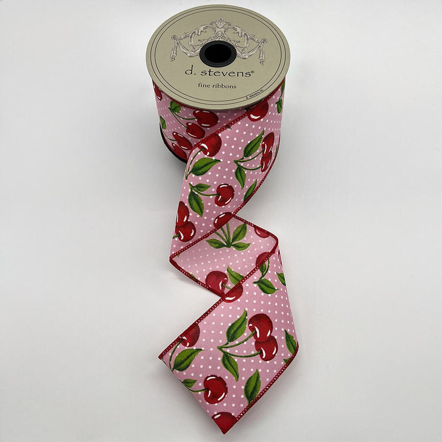 Polka Dot Pink Red Ribbon With Cherries 2.5" X 10 Yds