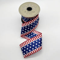 Red Royal White Poplin Ribbon with American Center Stars Stripes