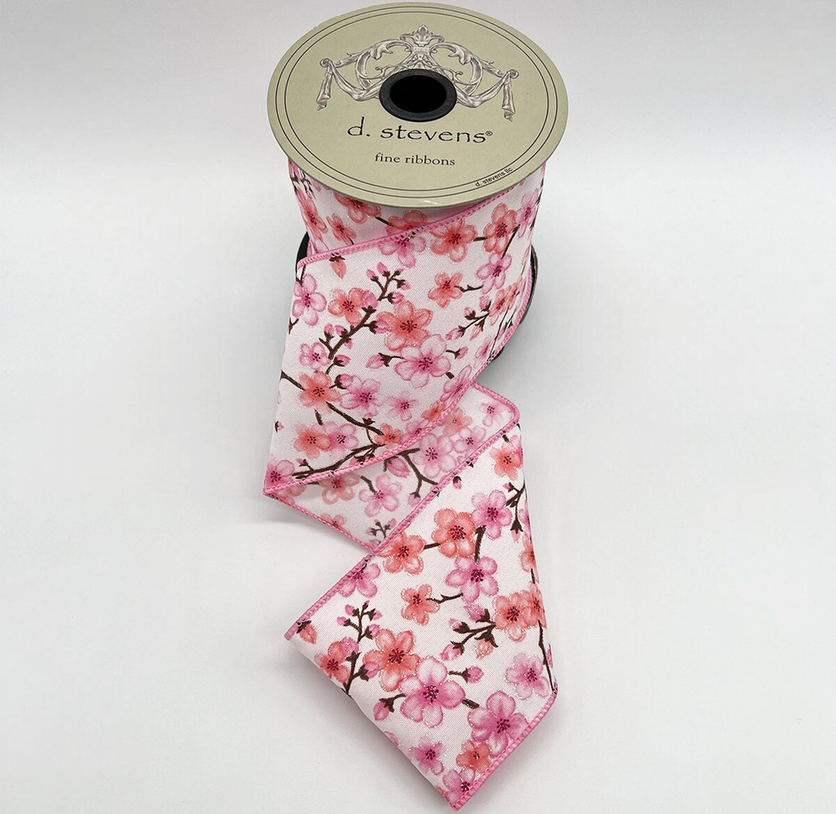 Cherry Blossom Branches White Ribbon Poplin Pink 3" x 10 Yds