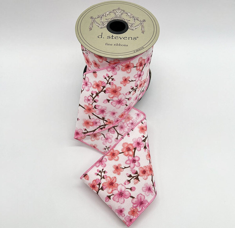 Cherry Blossom Branches White Ribbon Poplin Pink 3" x 10 Yds