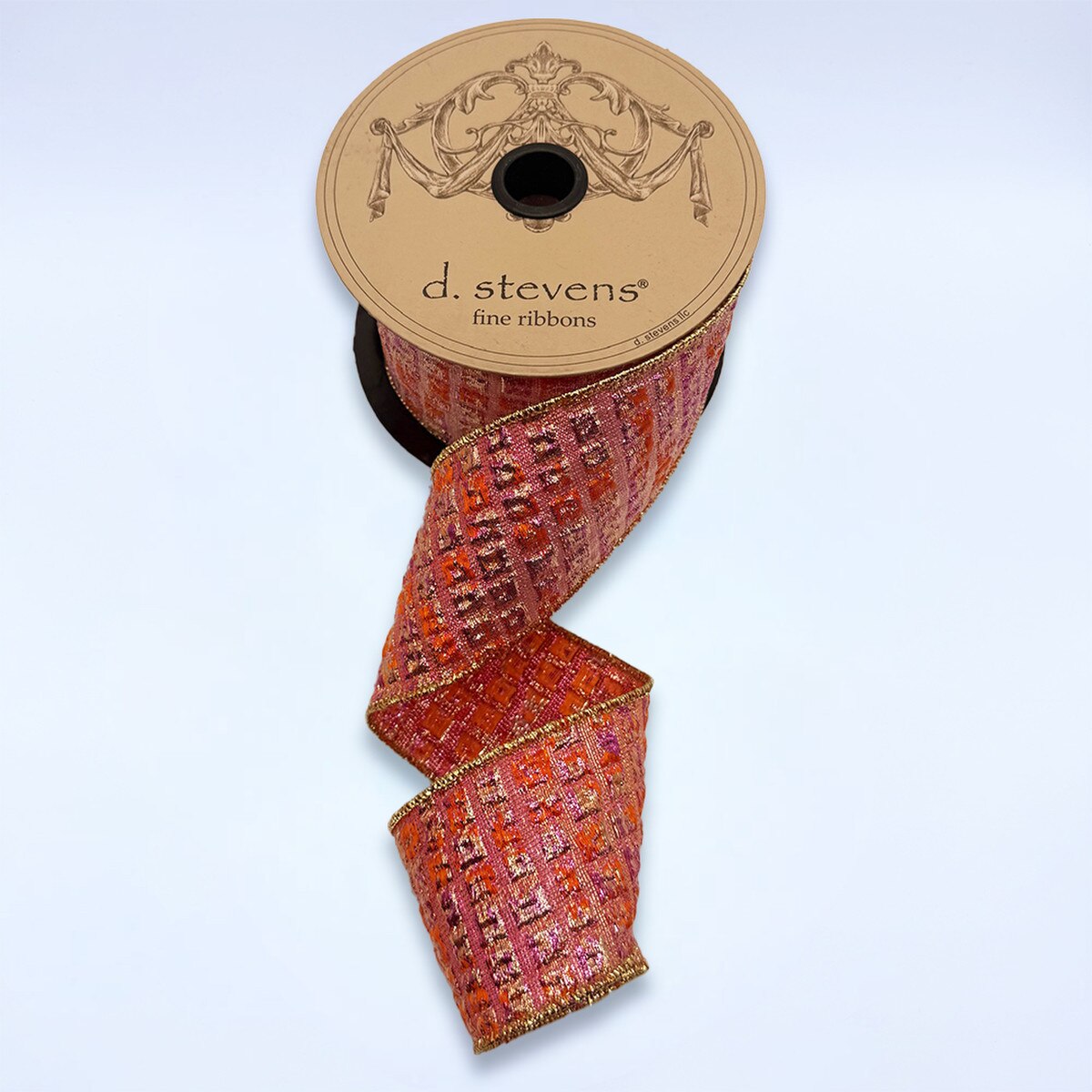 Hot Pink Orange Metallic Jacquard Squares Ribbon 2.5" x 10 Yds