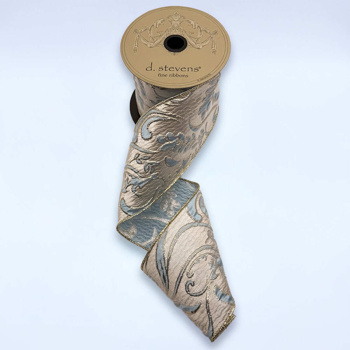 Jacquard Ribbon Dusty Blue Gold Platinum 4" x 10 Yds