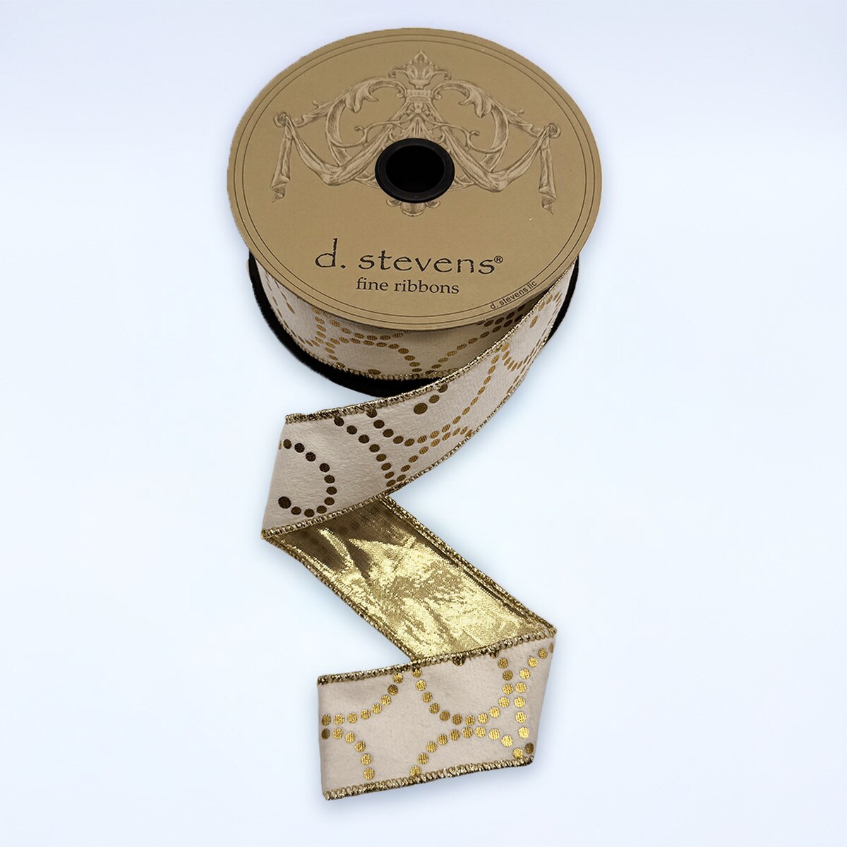 Gold Dotted Scroll White Suede Velvet Ribbon 1.5" x 10 Yds