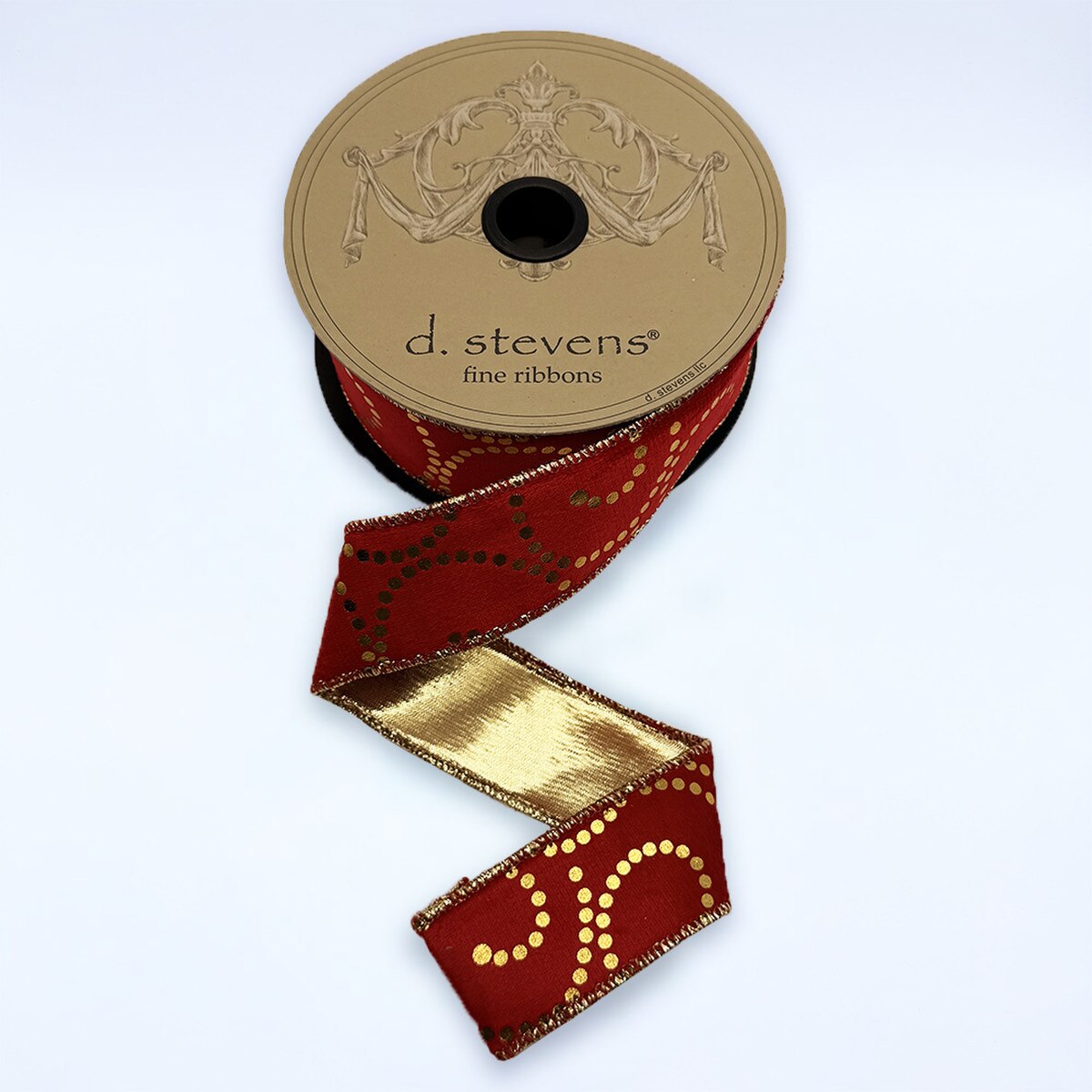 Red Suede Velvet Ribbon with Gold Dots 1.5" x 10 Yds