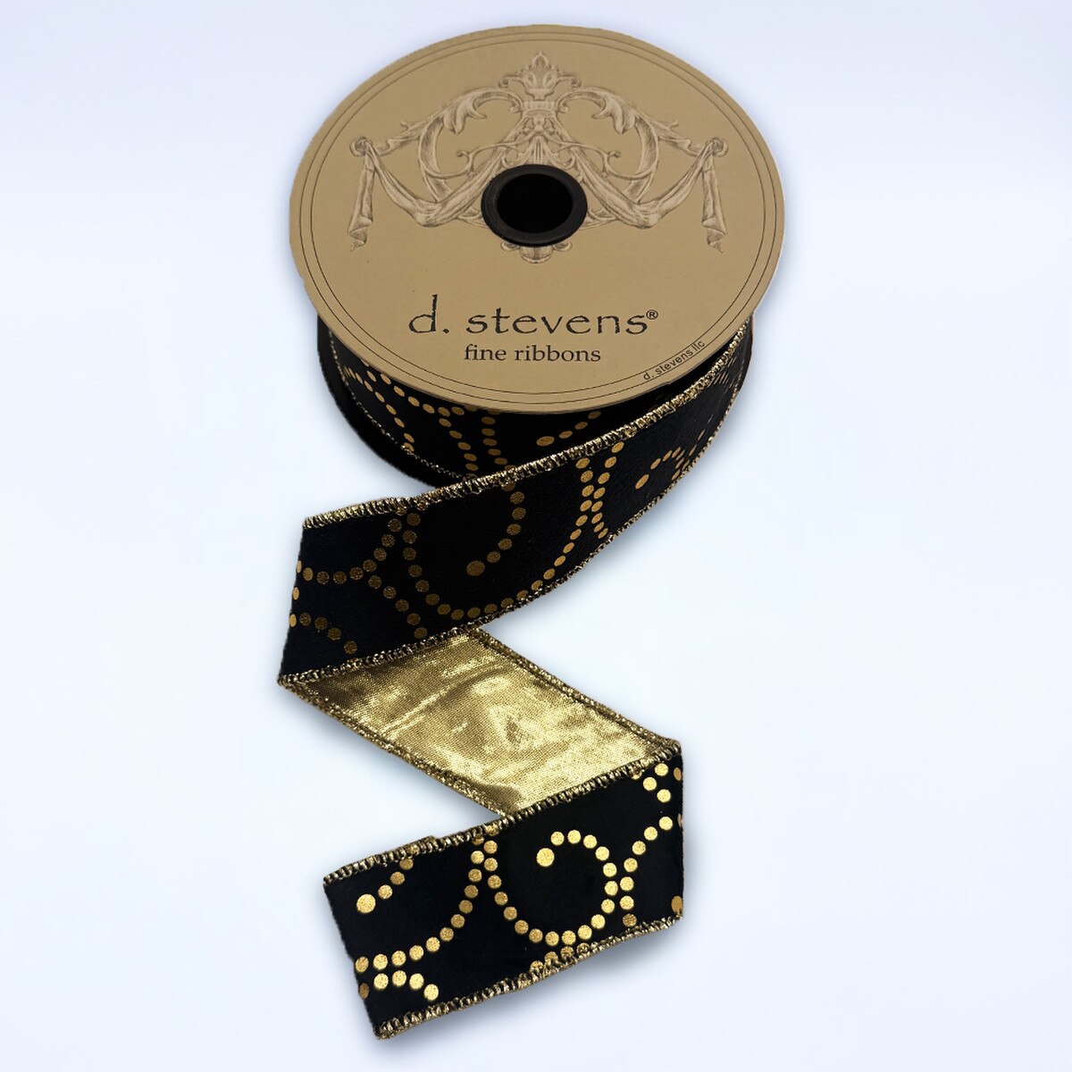 Gold Dotted Scroll Black Ribbon Suede Velvet 1.5" x 10 Yds