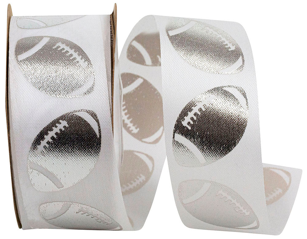 White Silver 1-3 8 Inch Footballs Tossed Satin Cooler Ribbon for Wreaths & Bows