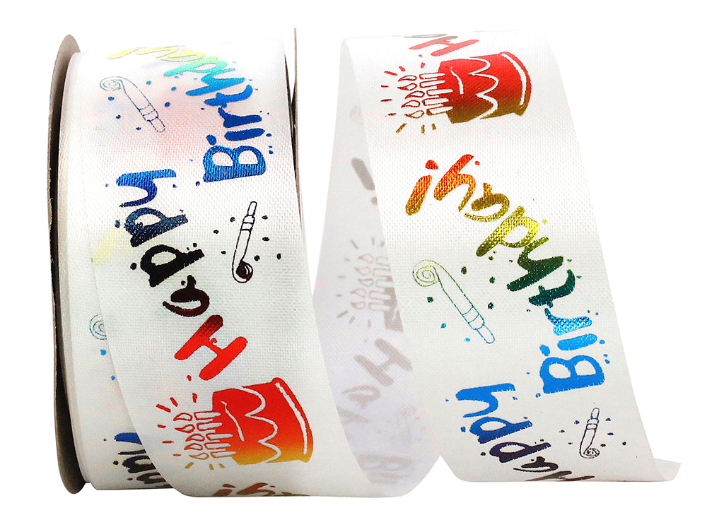 White 1-3 8 Inch Happy Birthday Cake Satin Holographic Ribbon for Wreaths & Bows