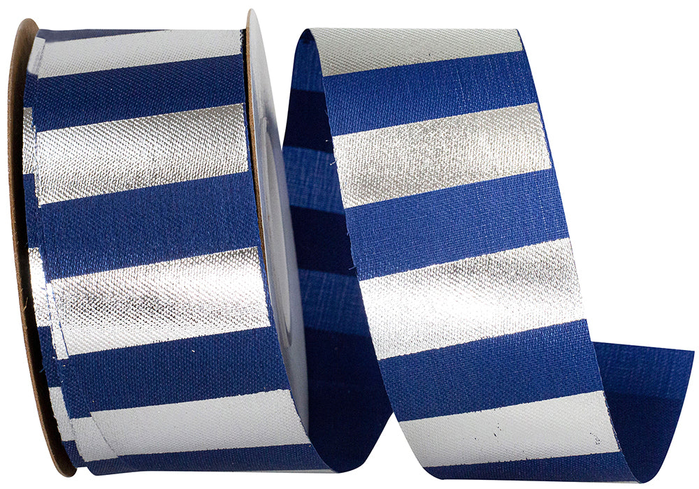 Navy Silver 1-3 8 Inch Cabana Stripes Repeat Satin Ribbon for Wreaths & Bows