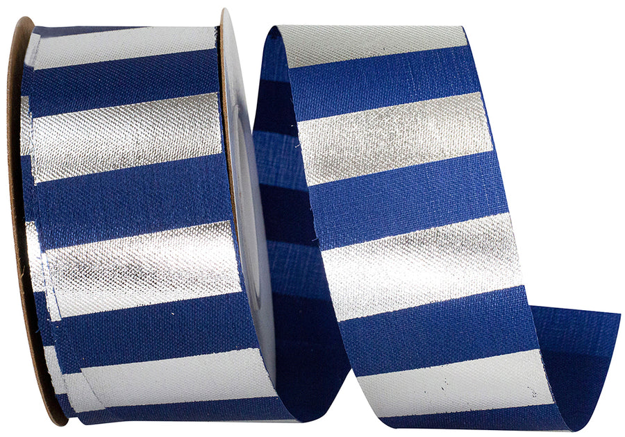 Navy Silver 1-3 8 Inch Cabana Stripes Repeat Satin Ribbon for Wreaths & Bows