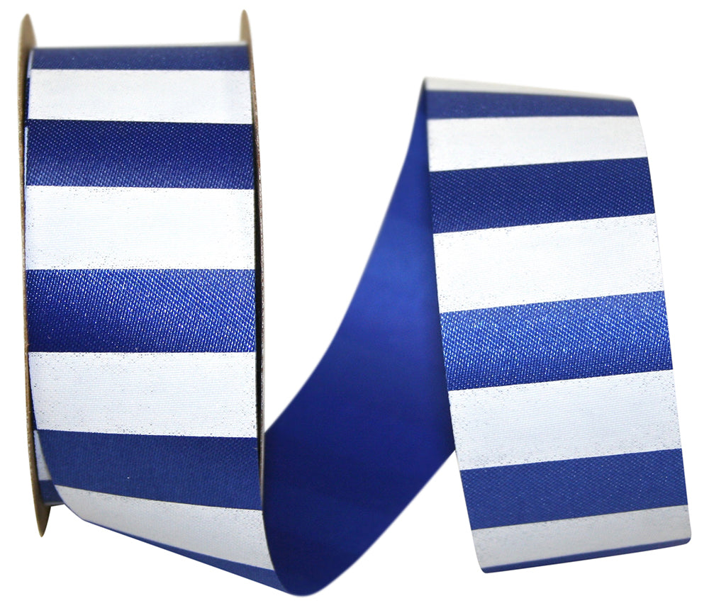 Cabana Stripes Satin Ribbon Royal White 1-3/8 Inch 25 Yards