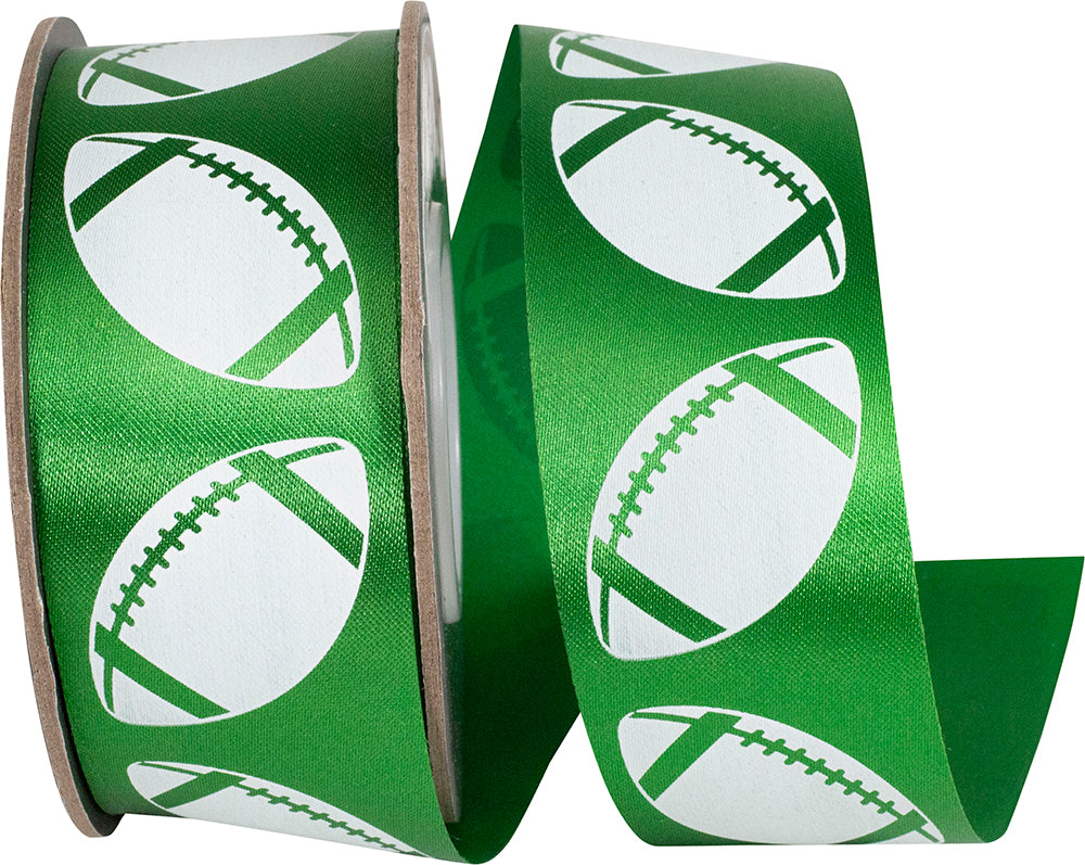 Homecoming Matte Footballs Ribbon Emerald White 1-3/8 Inch