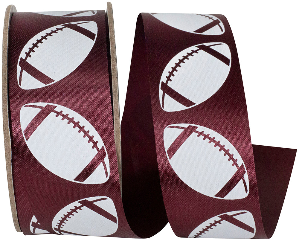 Burgundy White 1-3/8 Inch Matte Footballs Ribbon