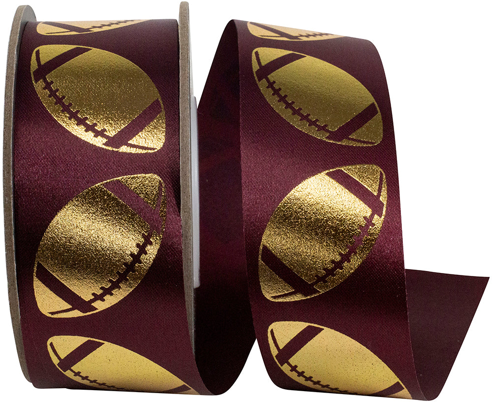 Burgundy Gold Metallic Footballs Ribbon 1-3/8 Inch 25 Yards