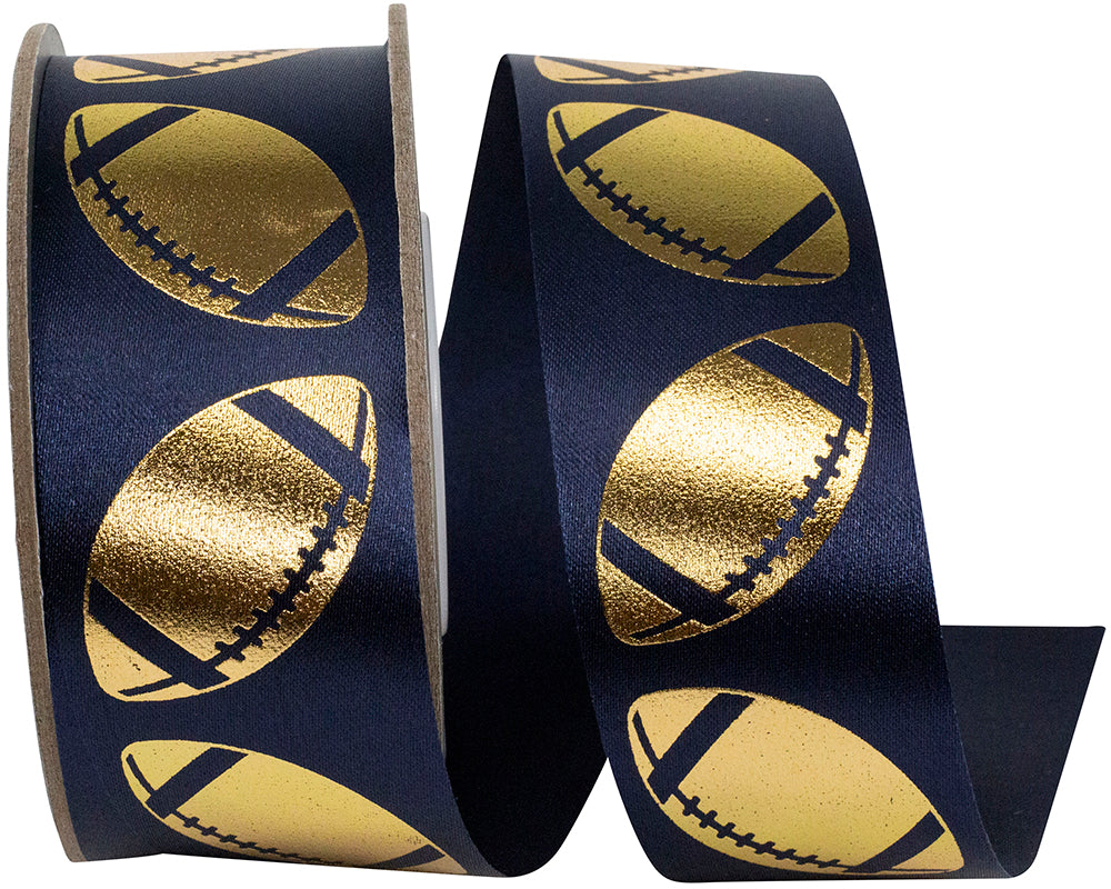 Navy Gold Metallic Footballs Cooler Ribbon 1-3/8 Inch