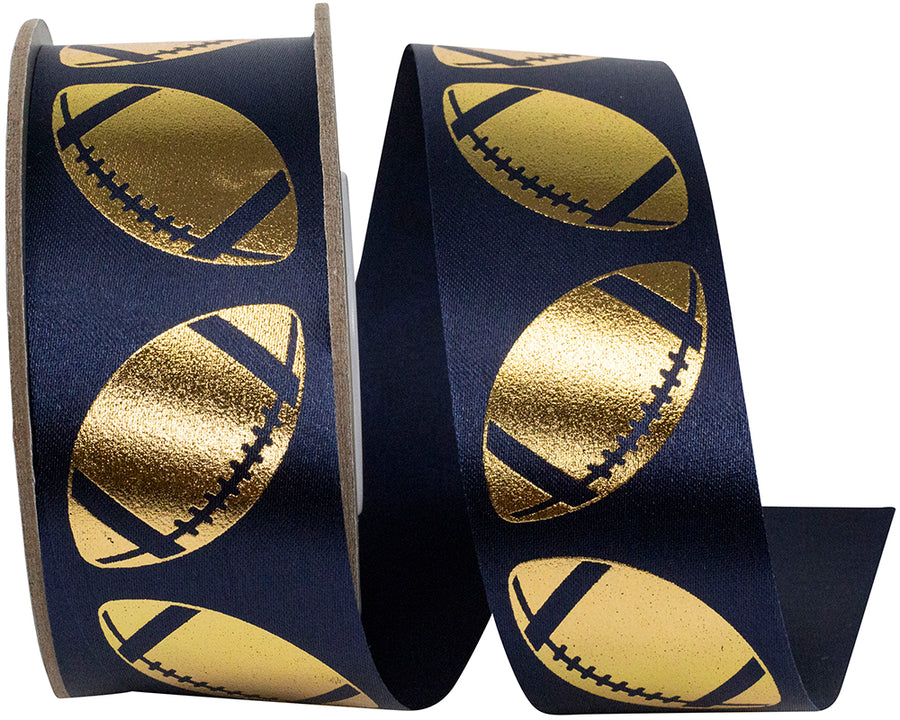 Navy Gold Metallic Footballs Cooler Ribbon 1-3/8 Inch