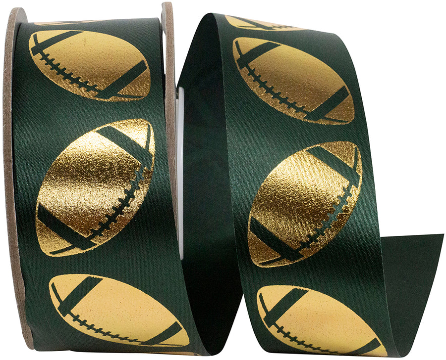 Homecoming Metallic Footballs Ribbon Hunter Gold 1-3/8 Inch