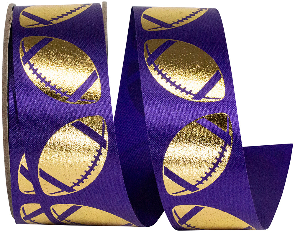 Homecoming Metallic Footballs Ribbon Purple Gold 1-3/8 Inch
