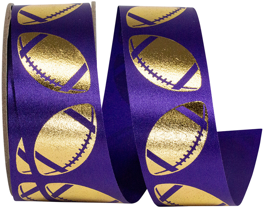 Homecoming Metallic Footballs Ribbon Purple Gold 1-3/8 Inch