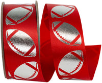 Homecoming Metallic Footballs Ribbon Red Silver 1-3/8 Inch