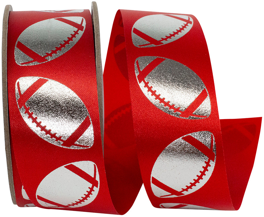 Homecoming Metallic Footballs Ribbon Red Silver 1-3/8 Inch