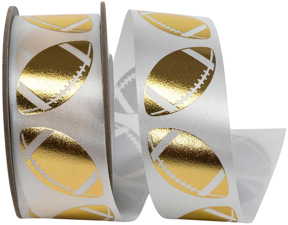 Homecoming Metallic Footballs Ribbon White Gold 1-3/8 Inch