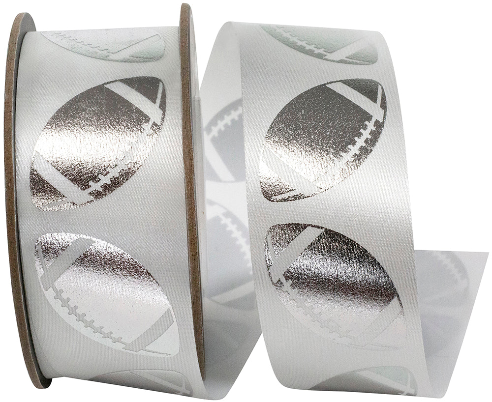 Homecoming Metallic Footballs Ribbon White Silver 1-3/8 Inch