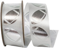 Homecoming Metallic Footballs Ribbon White Silver 1-3/8 Inch