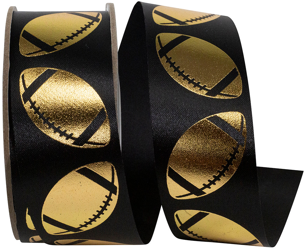 Black Gold 1-3/8 Inch Metallic Footballs Ribbon for Wreaths