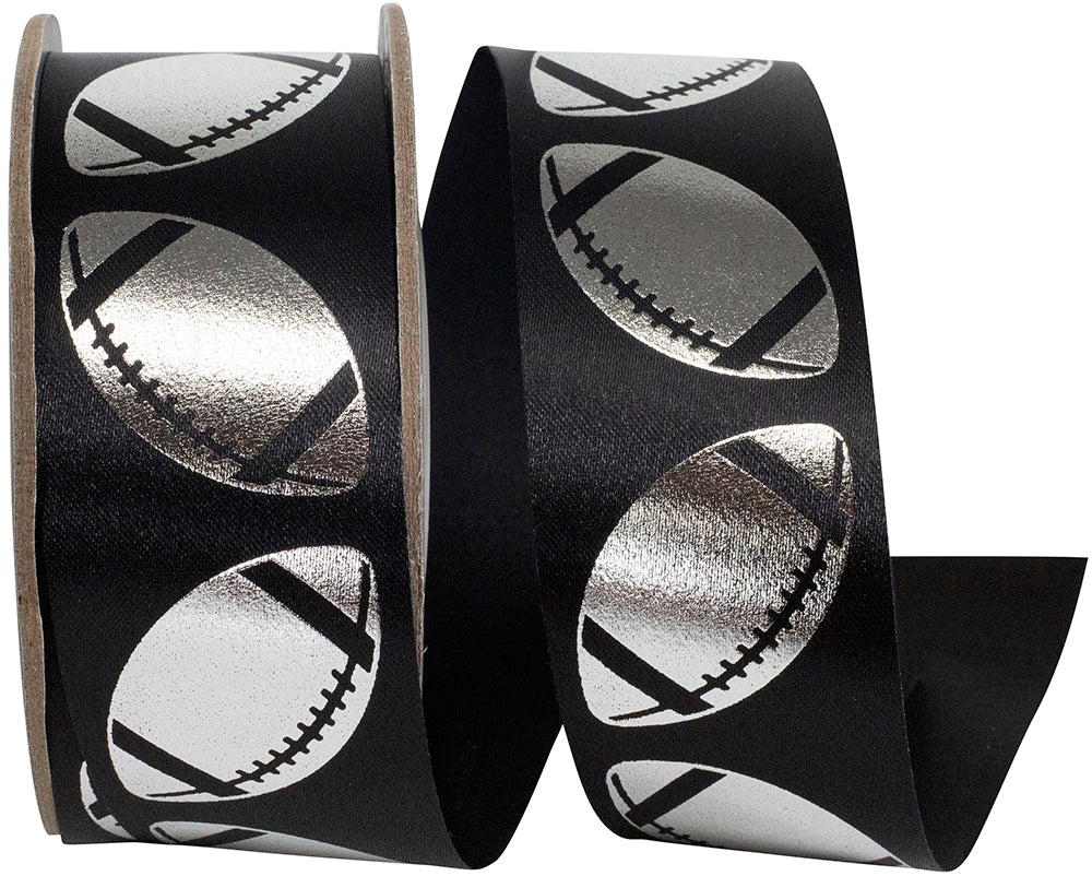 Homecoming Metallic Footballs Ribbon Black Silver 1-3/8 Inch